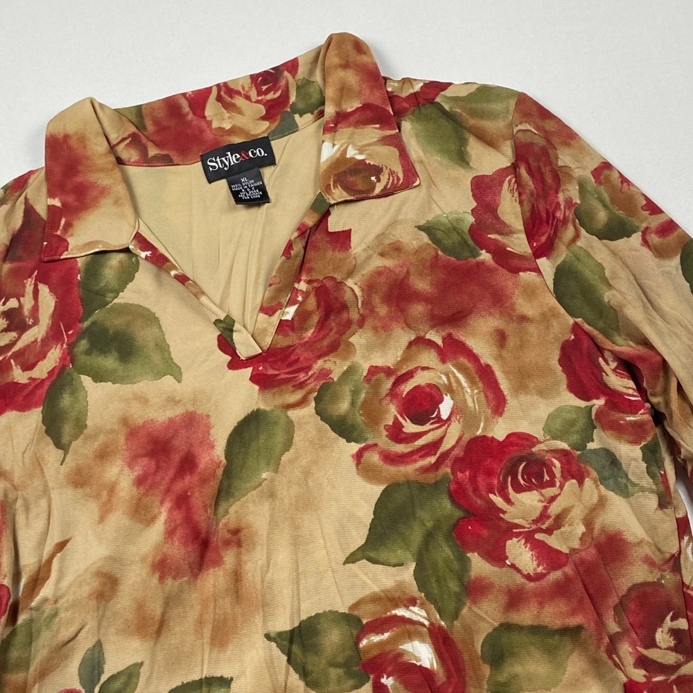 Style & Co Womens XL Floral V-Neck Top 3/4 Sleeve Tan Red Rose Blouse Nylon Mesh